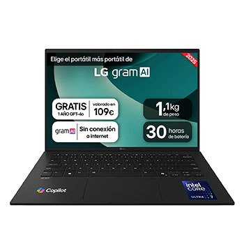 Vista frontal de Portátil 14" LG gram - 14ZD90T, Intel® Core™ Arrow Lake, 32 GB RAM, 1 TB SSD, Panel IPS WUXGA (1920x1200), Ligero 1,1 Kg, 30 h, Negro, Sin sistema operativo 14ZD90T-G.AX88B